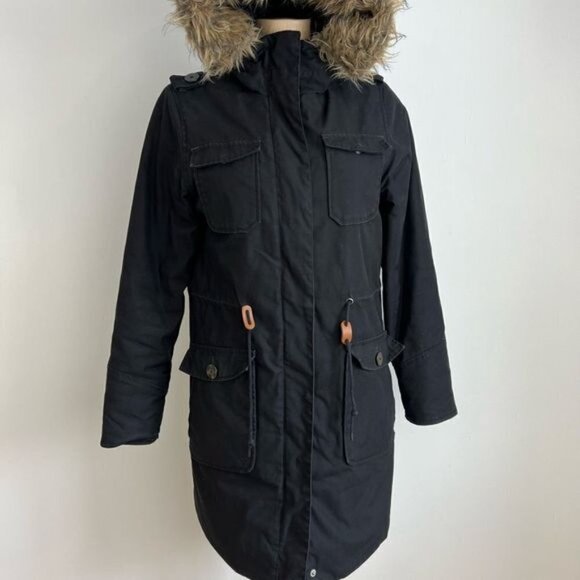 Elvine Women’s Small Black Long Overcoat Parka Jacket Faux Fur Hooded - Picture 5 of 10